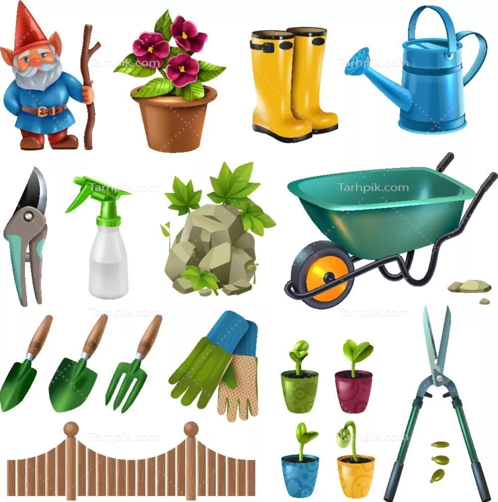 مجموعه عناصری وکتوری تجهیزات باغبانی برای طراحی فضاهای سبز
