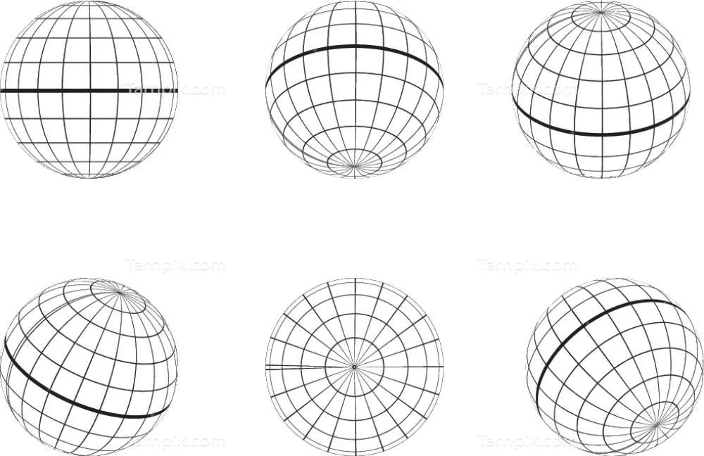 وکتور نقشه کروی با خطوط شبکهای و زوایای دید گوناگون