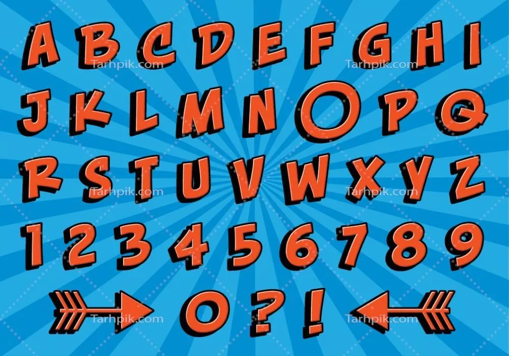 وکتور یک مجموعه الفبای سرگرم کننده و رنگارنگ به سبک کمیک با امکانات بی نظیر