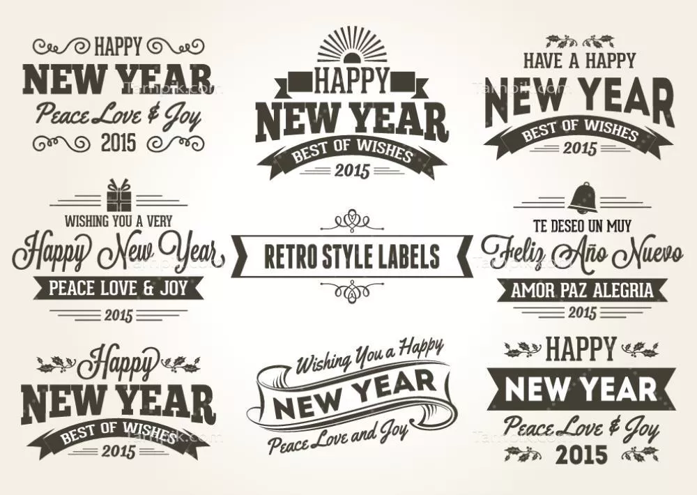 وکتور مجموعهای شگفتانگیز از ۸ برچسب سبک رترو برای تبریک سال نو