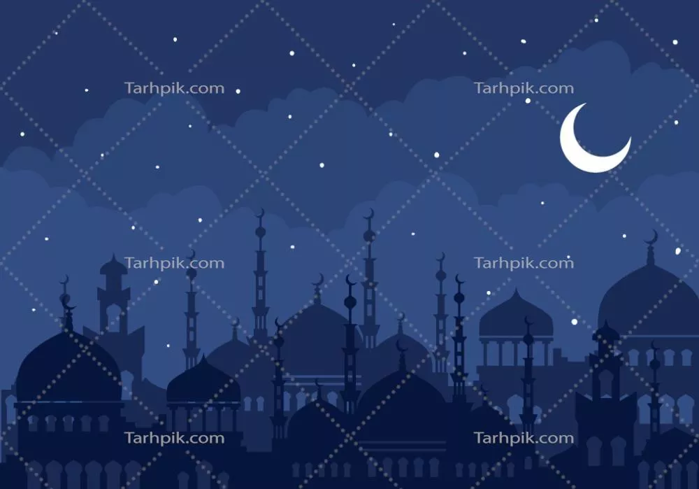 وکتور تصویر سیاه‌سفید مسجد در شب عربی با ستاره‌ها و پس‌زمینه ماه