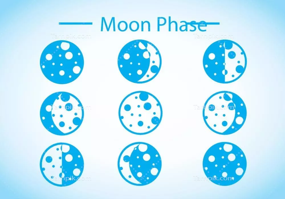 وکتور تصویر مراحل ماه به رنگ آبی بر روی پسزمینه سفید