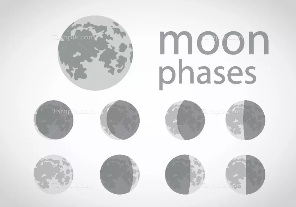 وکتور مجموعه‌ی تصویرسازی مراحل مختلف ماه به رنگ‌های خاکستری بر روی پس‌زمینه‌ی سفید