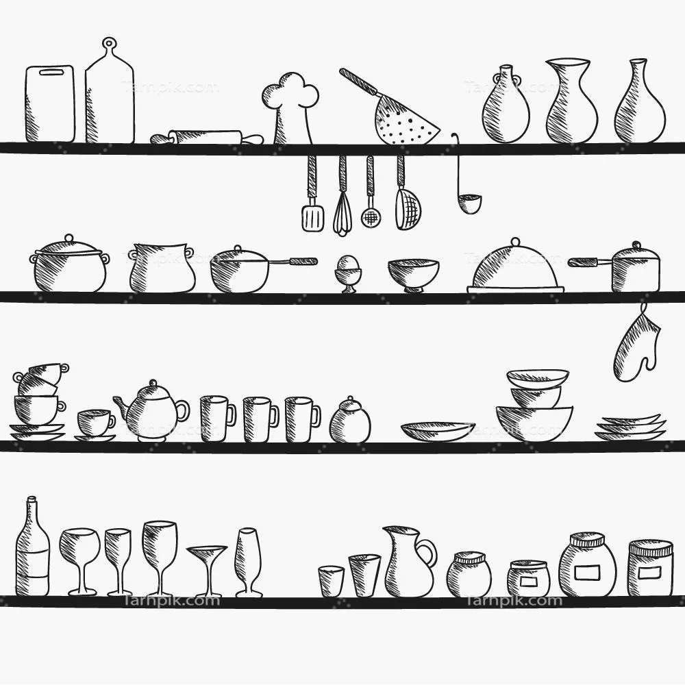 نقشه وکتور قفسه های لوازم آشپزخانه و وسایل مربوطه