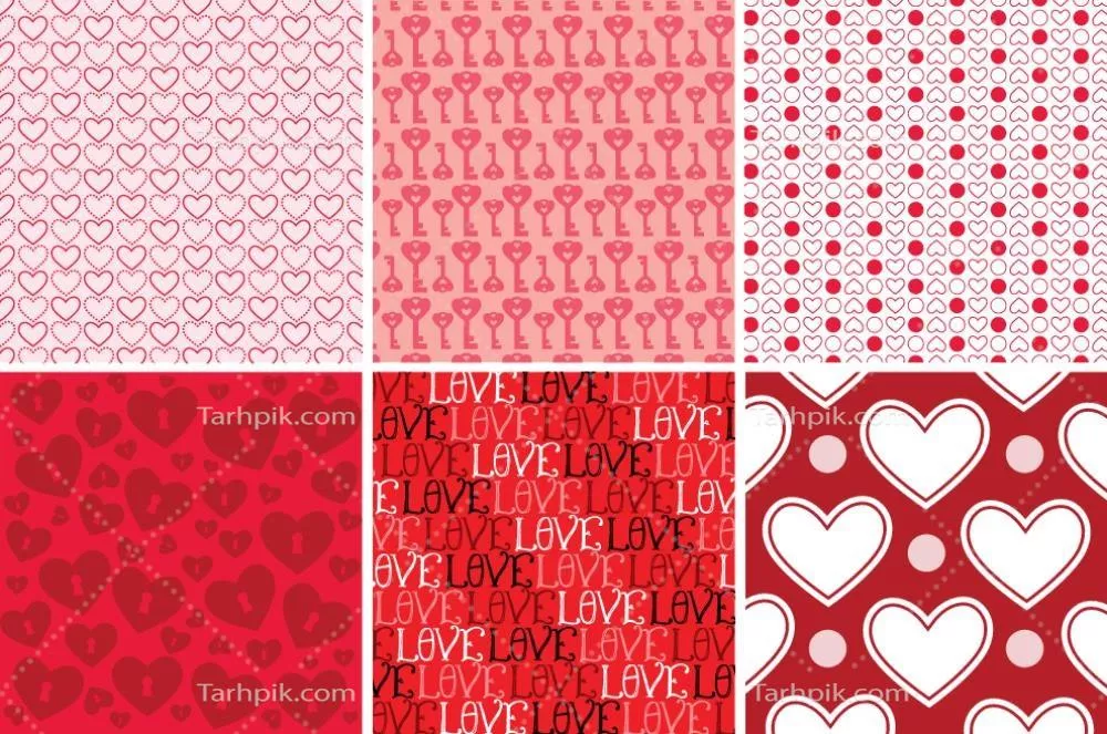 وکتور پسزمینههای الهامگرفته از عشق با شکلهای قلبی و قفلهای قلبی، شامل شش نمونه