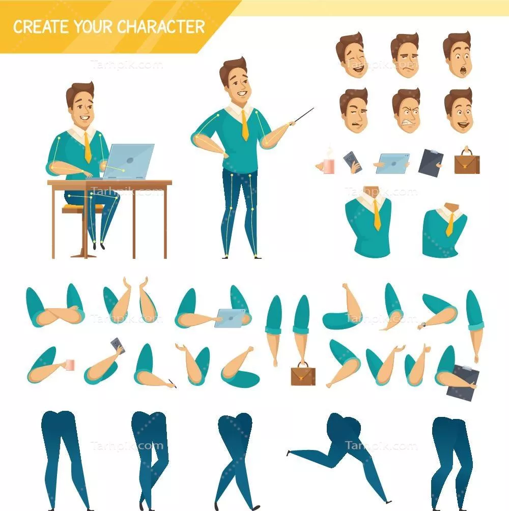 وکتور مجموعه عناصر سازنده شخصیت کارمند مرد اداری با دستها، پاها، سرها و لوازم جانبی