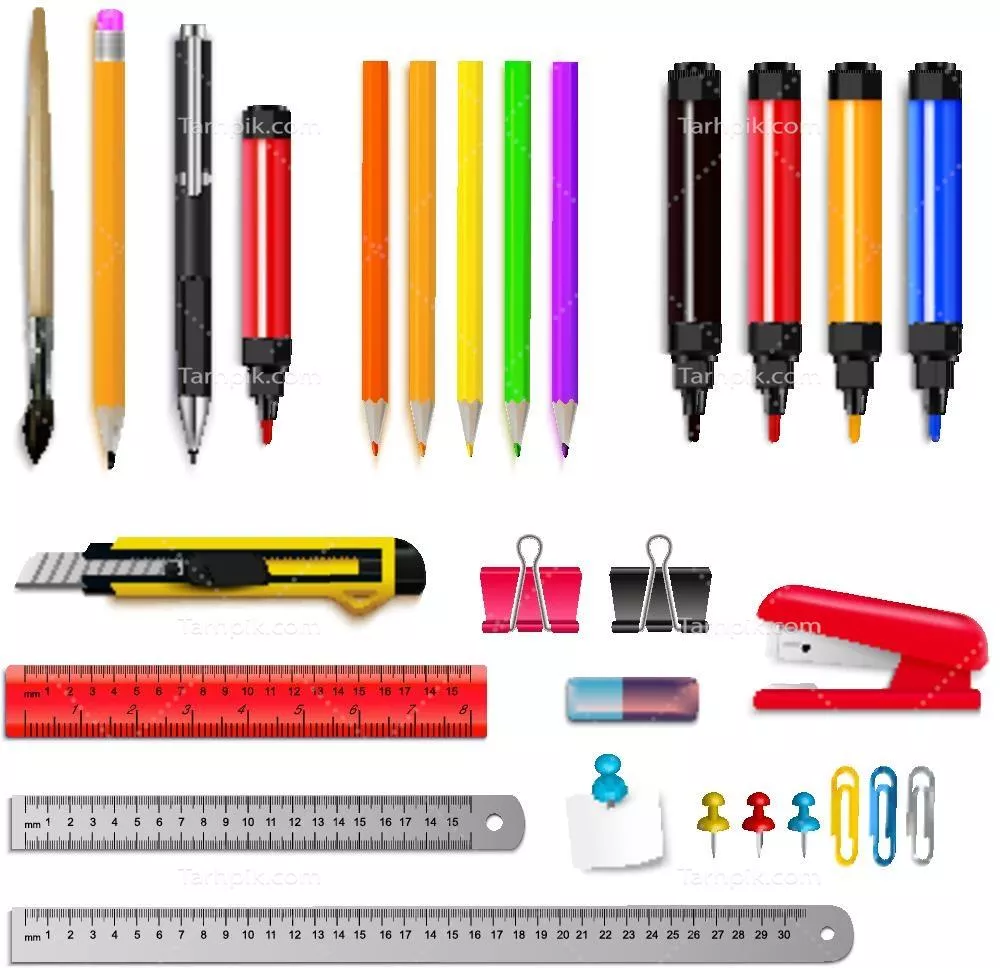 وکتور لوازم التحریر اداری شامل خودکارها، مدادها و ماژیک های رنگی برای طراحی و نوشتن