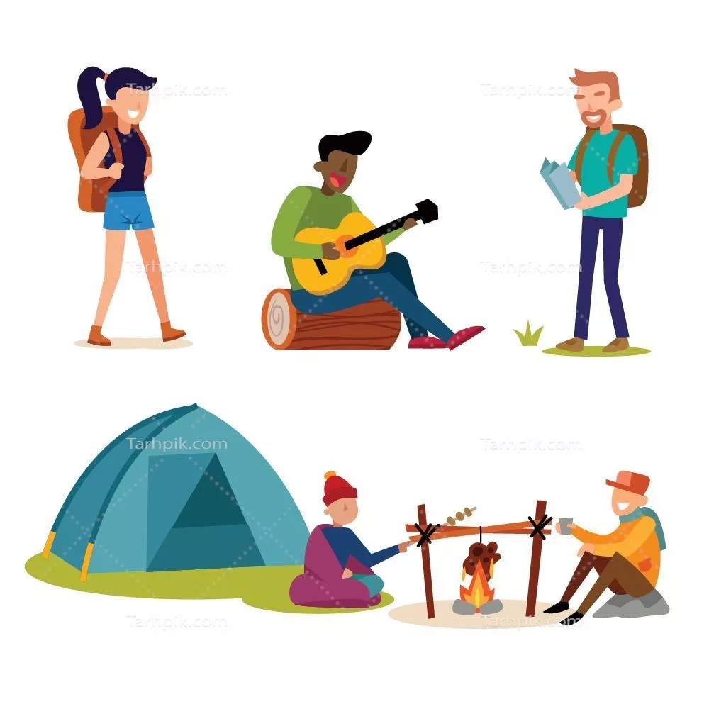 وکتور مجموعه طراحی مسطح از افراد در حال کمپینگ با جزئیات زیبا