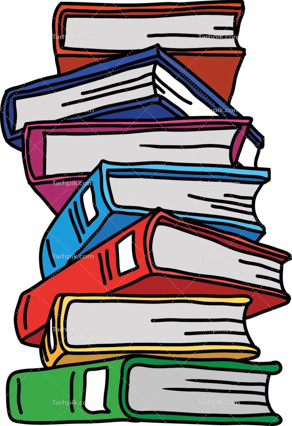 وکتور تصویر کارتونی از انبوهی از کتابها بر روی پسزمینهی سفید به مفهوم یادگیری