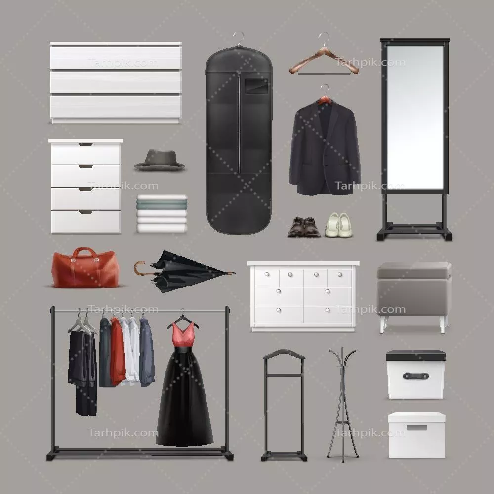 مجموعه وسایل کمد لباس با طراحی وکتور باکیفیت و مدرن