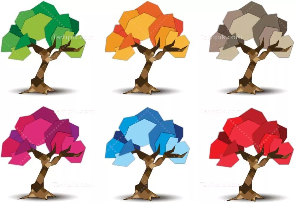 وکتور مجموعهای از درختان انتزاعی و هندسی با رنگهای فصلی جذاب و زنده