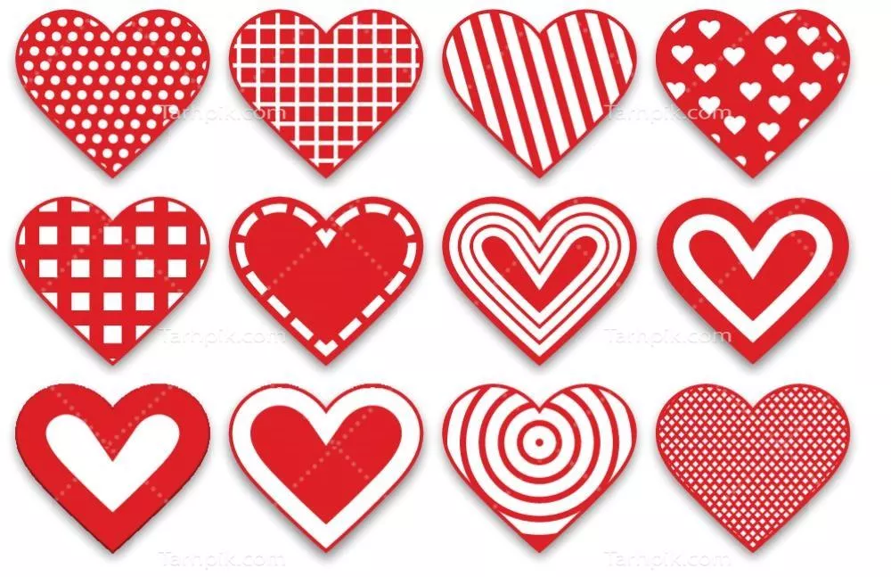 مجموعهای از نمادهای قلب قرمز با طراحی وکتور برای استفاده در گرافیک