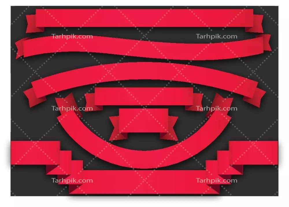 وکتور سری از روبان‌های قرمز ساده با سایه‌ها روی پس‌زمینه سیاه