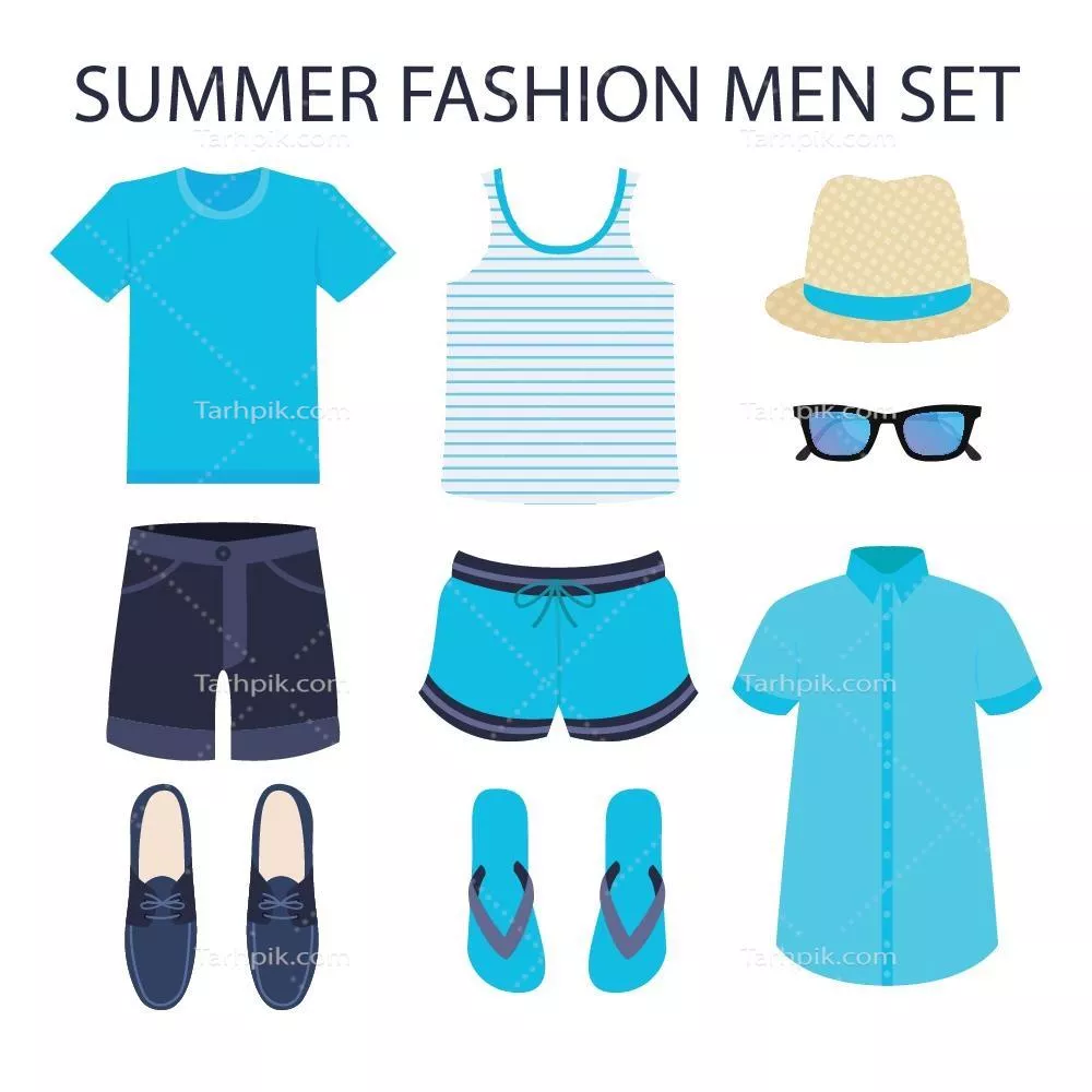 وکتور کتابچه طراحی لباس تابستانی مردانه: ست لباس های تابستانی مردانه با کیفیت بالا