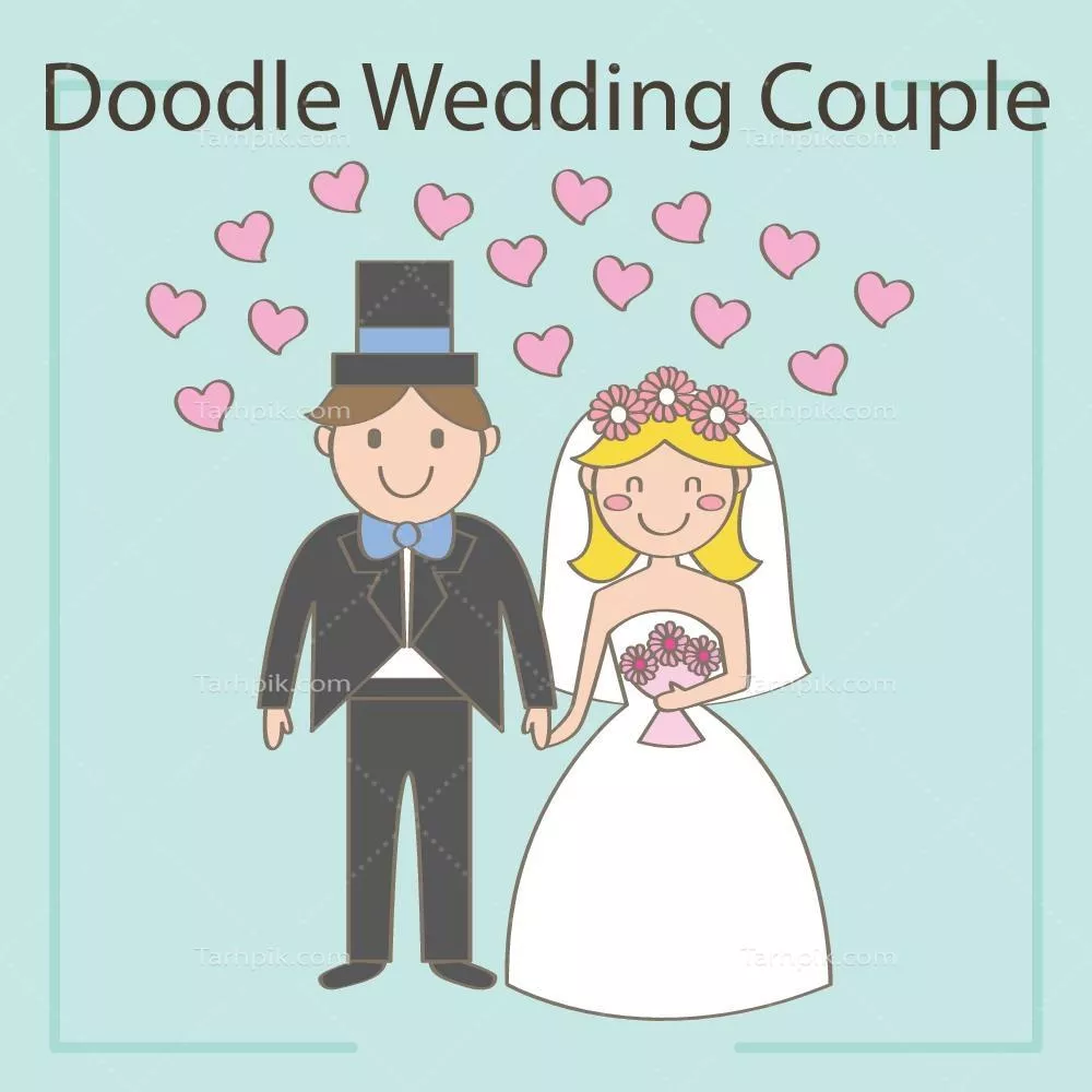 عروس و داماد خوشحال با قلب های صورتی - وکتور گرافیکی