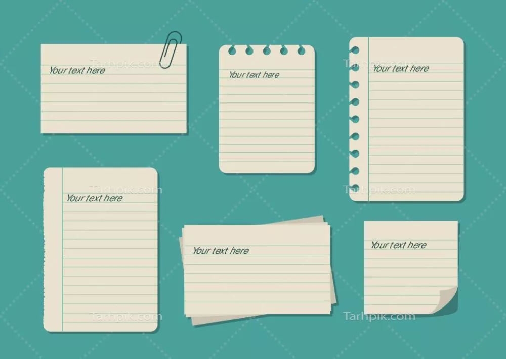 وکتور زمانهایی که به یک میدان متنی خطدار نیاز دارید: مجموعهای شامل کارت شاخص، گیره کاغذ و چندین برگه دفتر یادداشت پاره شده