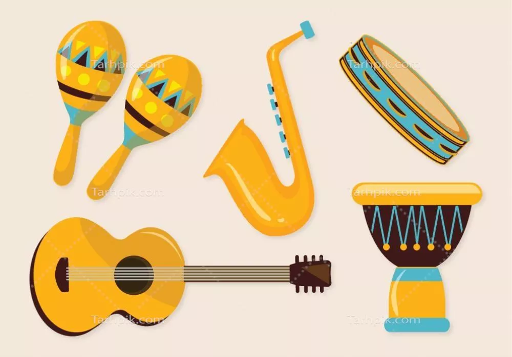 وکتور مجموعه‌ای از سازهای موسیقی شامل گیتار، دjembe، ماراکاس، تمبک و ساکسوفون برای لذت بردن