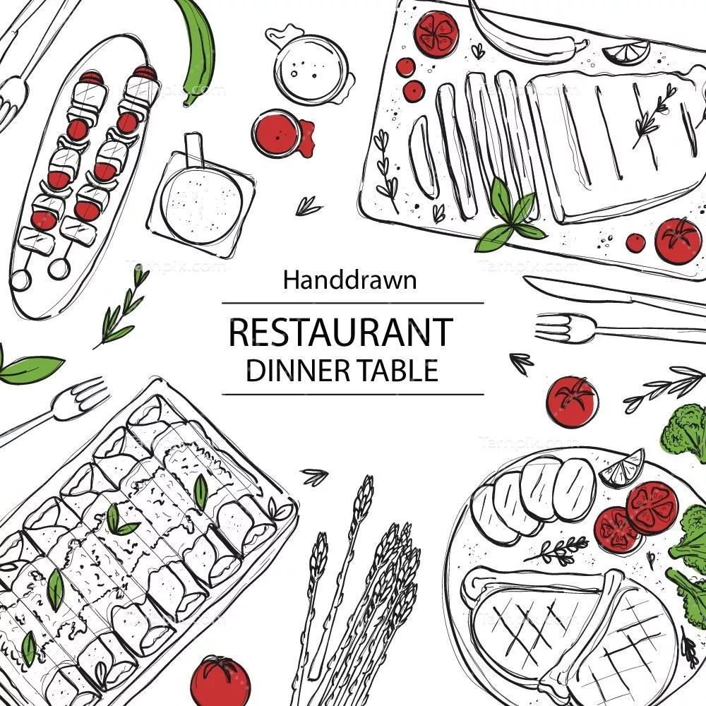وکتور دیزاین و گرافیک جذاب از بشقاب‌های غذایی در رستوران به صورت نمای بالا