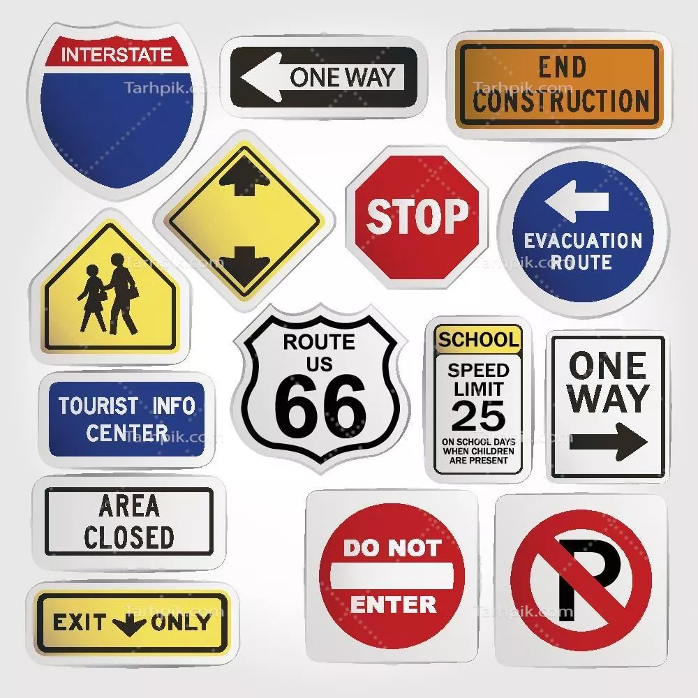 مجموعه متنوع علائم راهنمایی و رانندگی و نشانههای جادهای وکتور