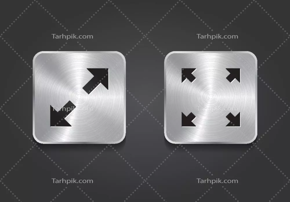آیکون‌های وکتور تمام صفحه با دکمه‌های فلزی مربع بر روی پس‌زمینه مشکی برای دانلود
