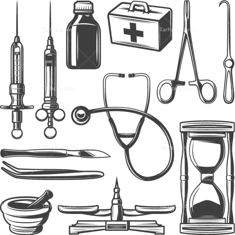 مجموعه آیکنهای پزشکی وینتج به صورت وکتور شامل نمادهای کلاسیک و تاریخی