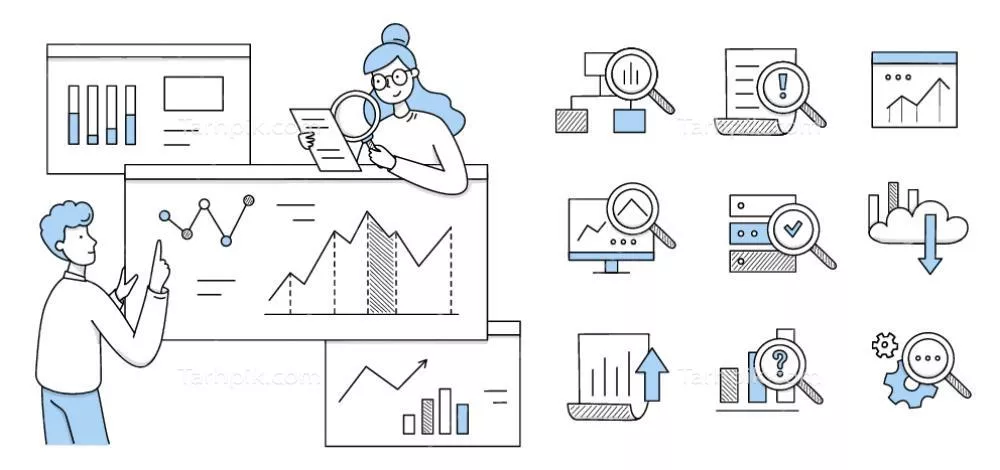 وکتور تحقیق زنان و مردان در زمینه بازاریابی دیجیتال با استفاده از کامپیوتر