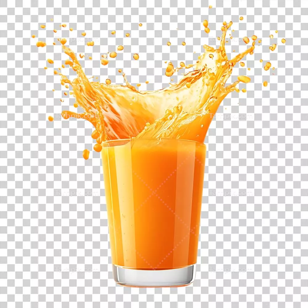 عکس دوربری پاشیدن آب پرتقال از لیوان با پسزمینهای شفاف و جذاب