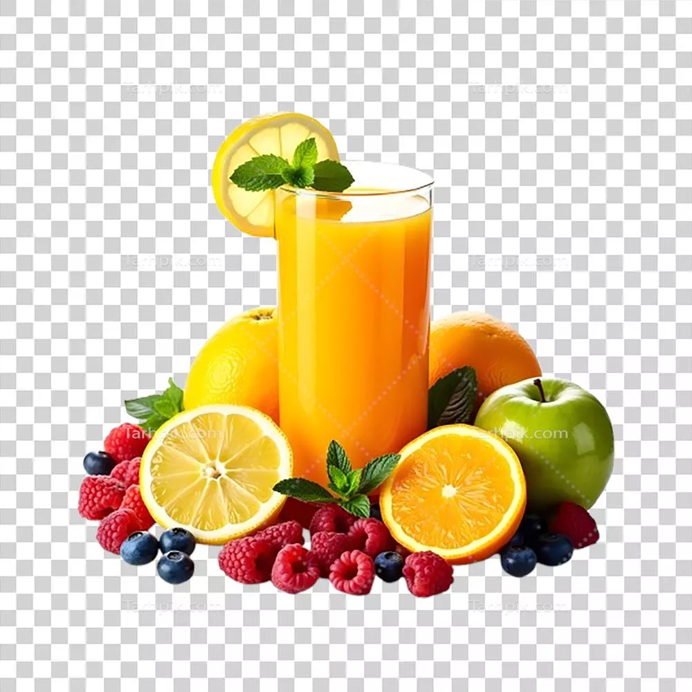 عکس دوربری آبمیوه تازه با نارنج، لیمو، توتفرنگی و نعناع خوشعطر و طراوتبخش