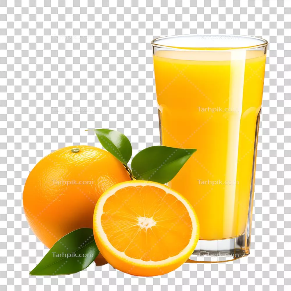 عکس دوربری شیشه آب پرتقال تولید شده توسط هوش مصنوعی و پرتقال جدا شده بر روی پس زمینه شفاف
