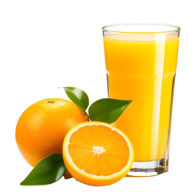 عکس دوربری شیشه آب پرتقال تولید شده توسط هوش مصنوعی و پرتقال جدا شده بر روی پس زمینه شفاف