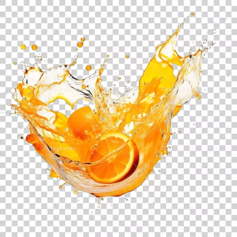 عکس دوربری آبمیوه نارنجی پرانرژی تولید شده توسط هوش مصنوعی با برش های تازه بر روی پس زمینه شفاف