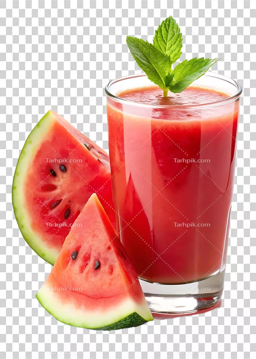 عکس دوربری آبمیوه هندوانه با برگهای نعنا، طراوت و تازگی تابستانی را به ارمغان میآورد