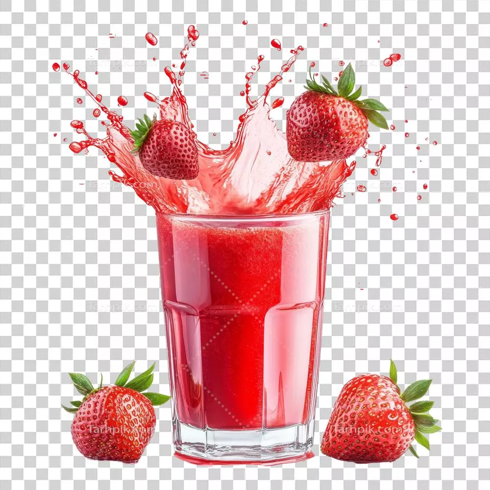 عکس دوربری آبمیوه تازه توت‌فرنگی که از لیوانی سرریز می‌شود و توت‌فرنگی‌های رسیده در اطراف آن قرار دارند