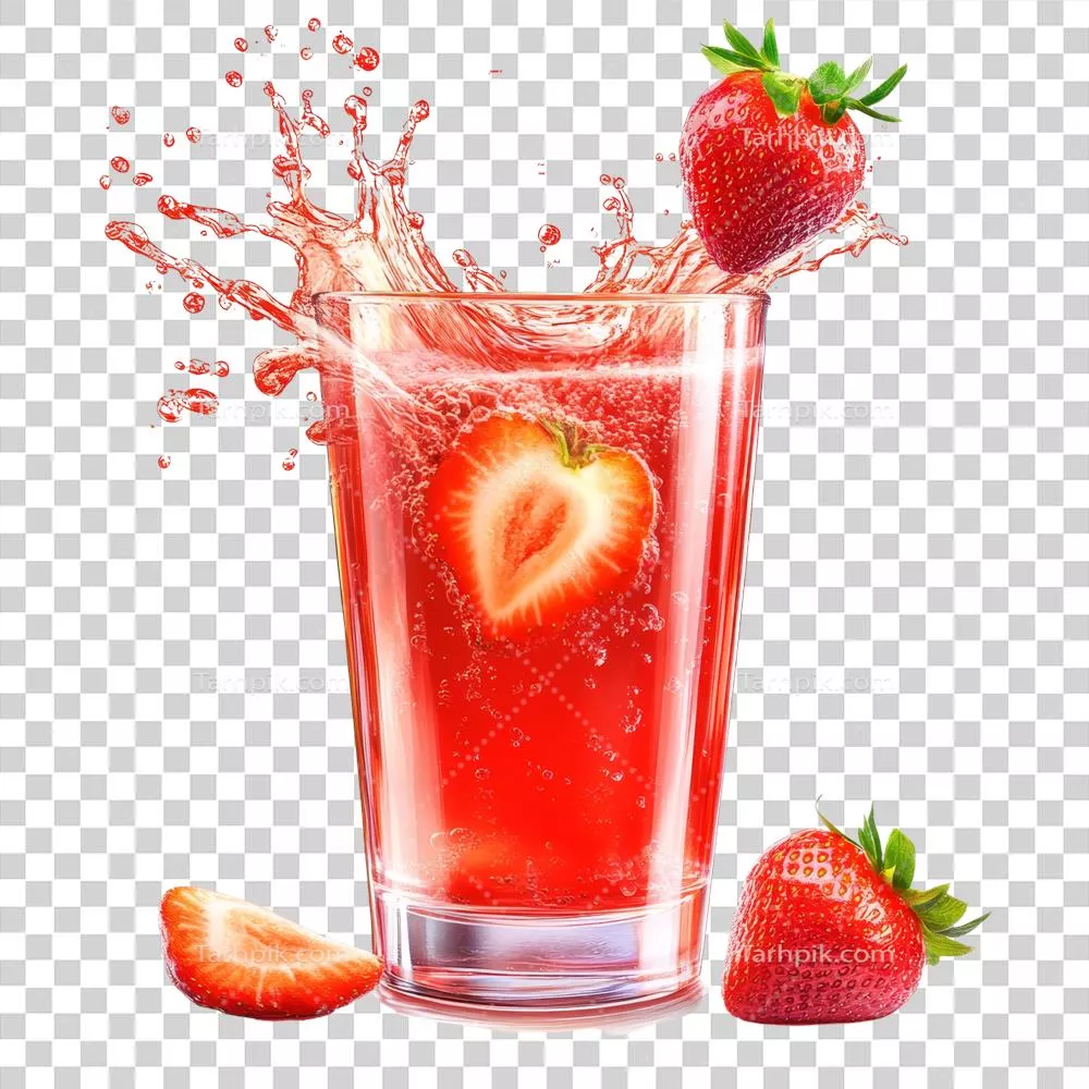 عکس دوربری عصاره توت فرنگی تازه با میوه های معطر در یک لیوان شفاف در روز آفتابی