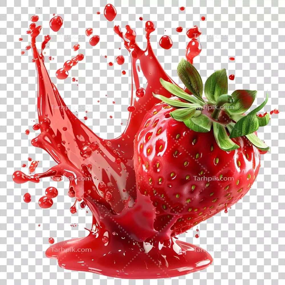 عکس دوربری آبمیوه قرمز با توتفرنگی در حال پاشش بر روی پسزمینه شفاف