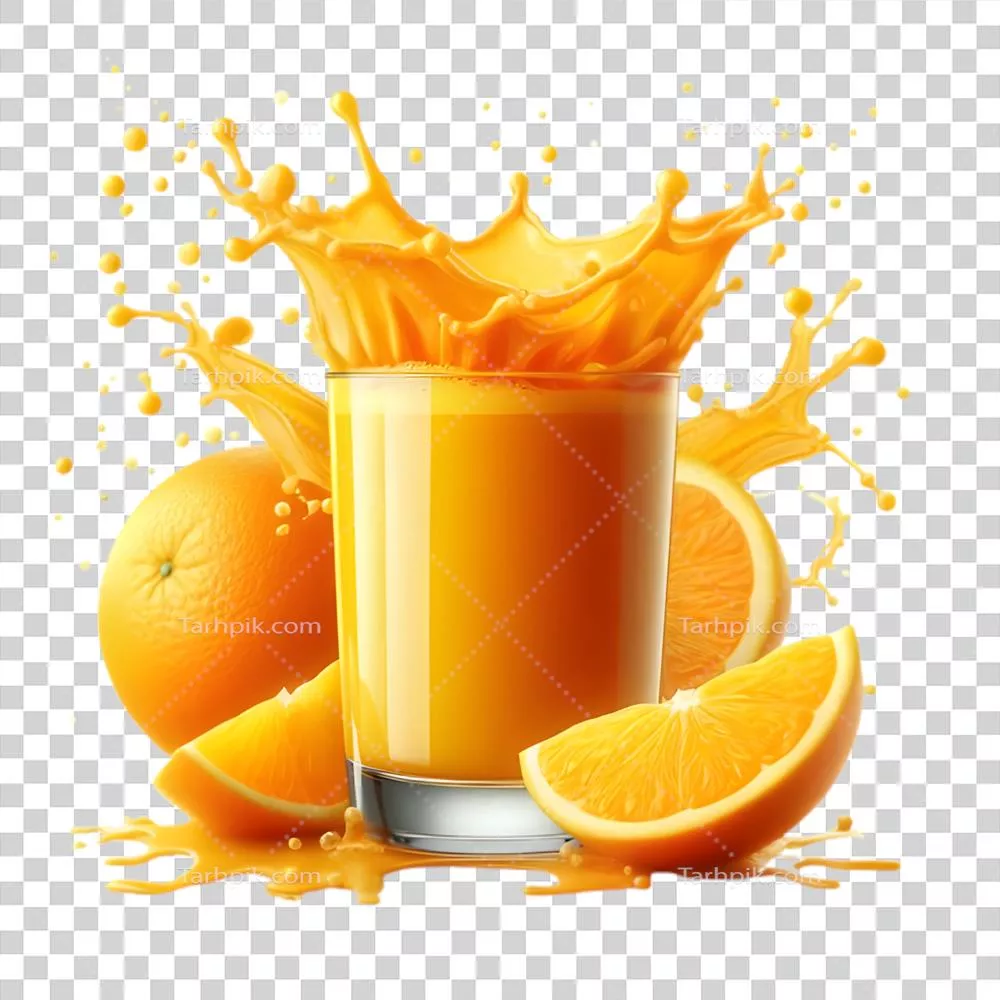 عکس دوربری آبمیوه نارنجی تازه و دلپذیر در حال پخش شدن در لیوان و پرتقالها