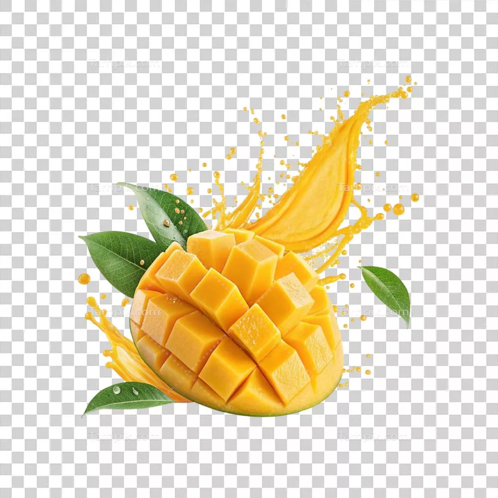 عکس دوربری محو کننده زیبایی میوه انبه تازه و رسیده با آب میوهای برای جلوهای تر بازار میوه های گرمسیری