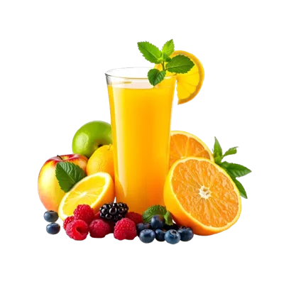عکس دوربری آبمیوه تازه با پرتقال، بلوبری، تمشک و توت‌ها روی پس‌زمینه شفاف