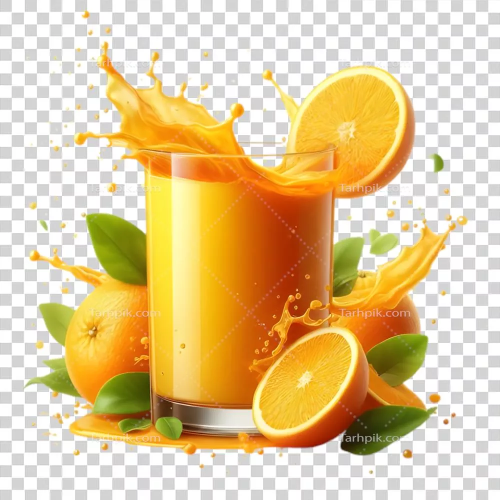 عکس دوربری شکستن عصاره پرتقال تازه در یک لیوان: نوشیدنی فوق العاده لذیذ