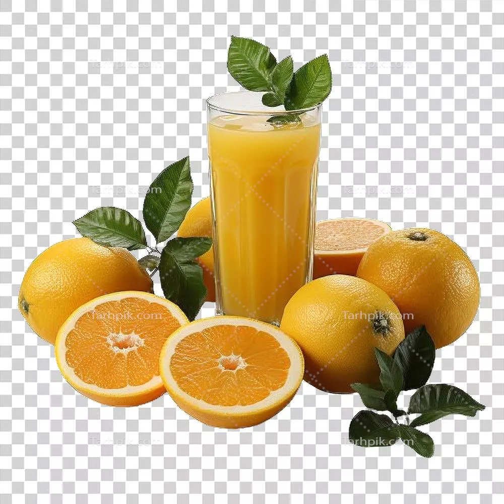 عکس دوربری آبمیوه تازه نارنجی تولید شده با هوش مصنوعی و نارنجیها بر روی پسزمینه شفاف