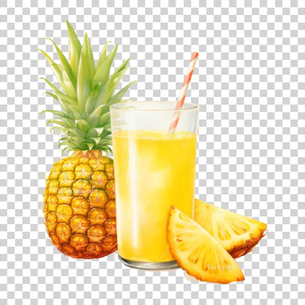 عکس دوربری تصویرسازی آبمیوه آناناس در سبک آبرنگ - نوشیدنیهای خوشمزه و گوارا
