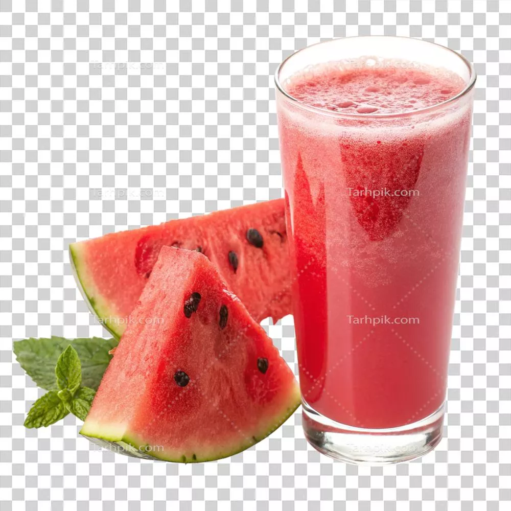 عکس دوربری آب‌میوه‌ی خنک هندوانه با برش‌ها و برگ‌های نعناع تازه