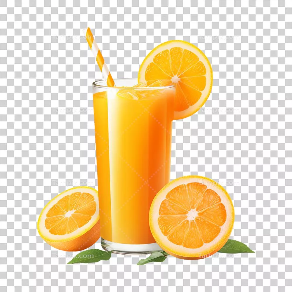 عکس دوربری عصاره پرتقال تازه با پسزمینه شفاف و زیبا در یک تصویر خیرهکننده