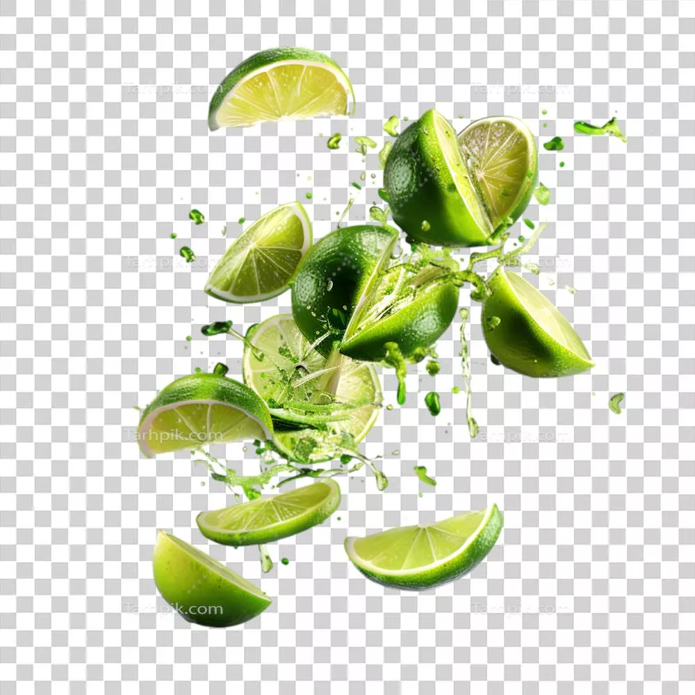 عکس دوربری برشهای لیمو در حال انفجار با آبپاشی بر روی پسزمینه شفاف