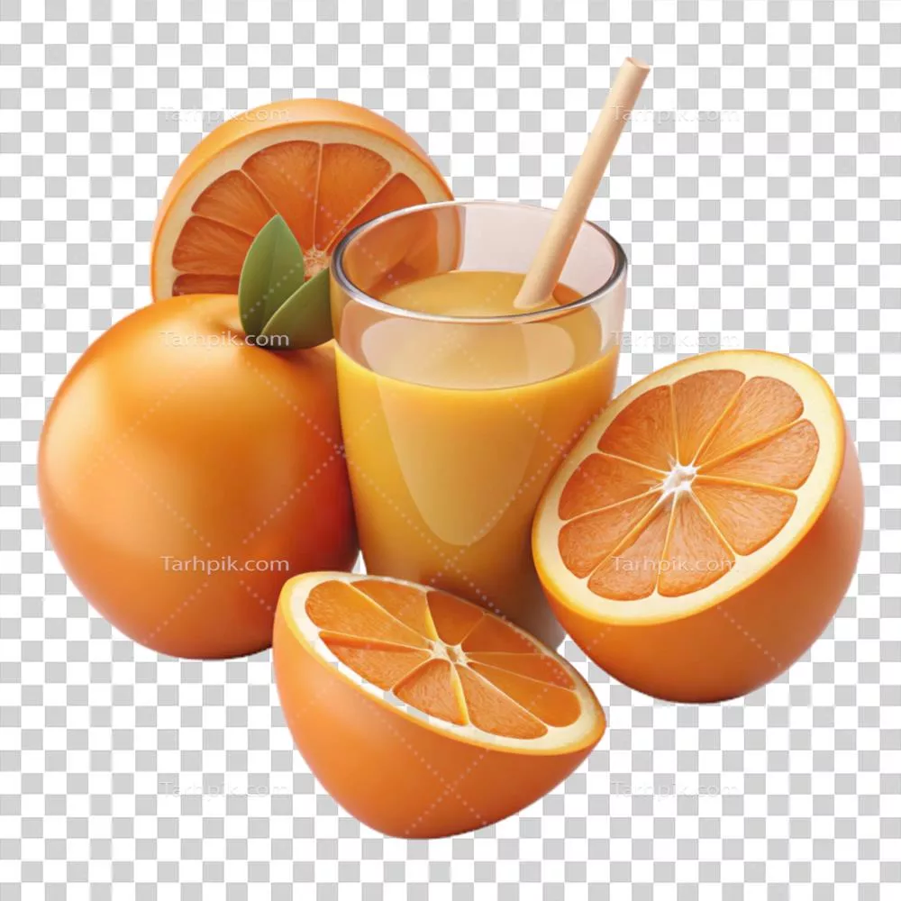 عکس دوربری برشهای تازه و زنده پرتقال و آب پرتقال، پسزمینه شفاف و مدرن