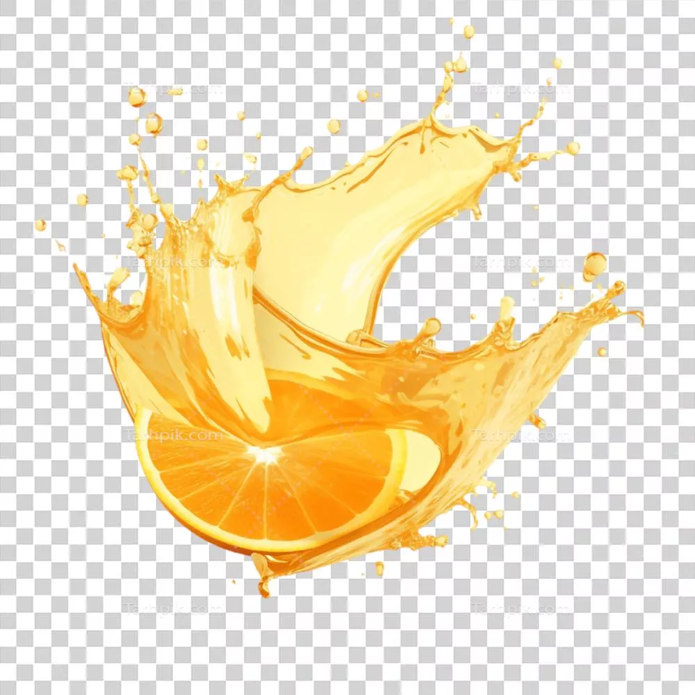 عکس دوربری نمایش ویژه پاشش آبپرتقال با برشهای پرتقال در پسزمینه شفاف