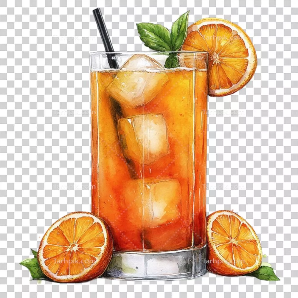 عکس دوربری آبمیوه پرتقال با تکههای یخ و برگهای نعناع بر روی پسزمینه شفاف