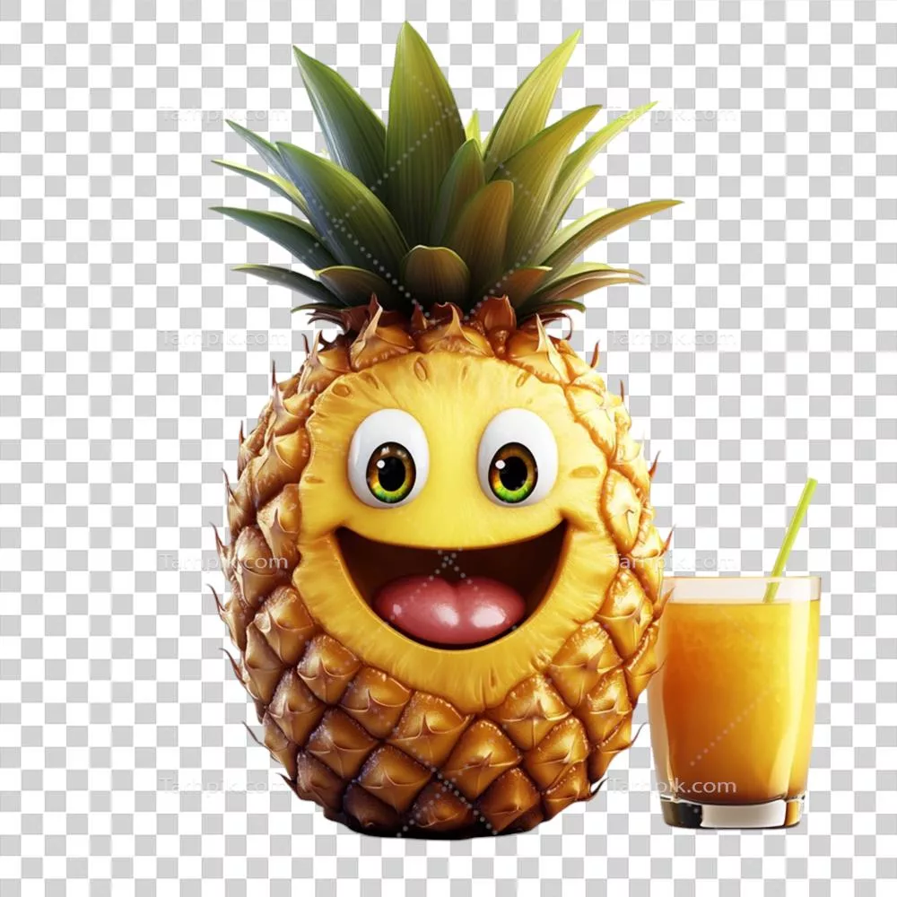 عکس دوربری آنanas شاد با لیوان آبمیوه در یک محیط استوایی خوش منظره