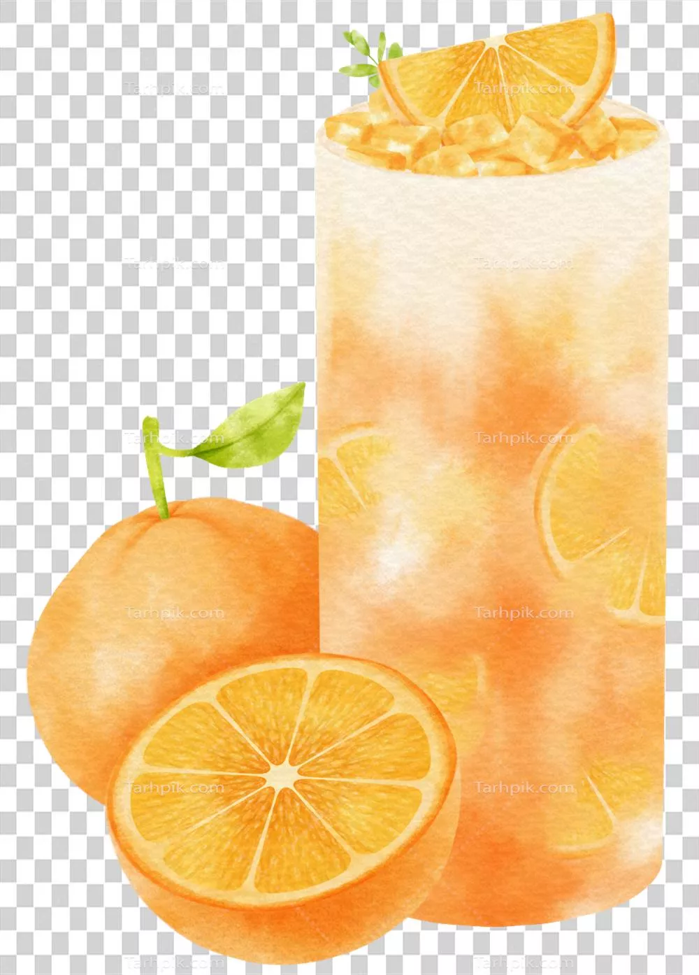 عکس دوربری نقاشی آبرنگی از ترکیب آبپرتقال به عنوان نوشیدنی تابستانی