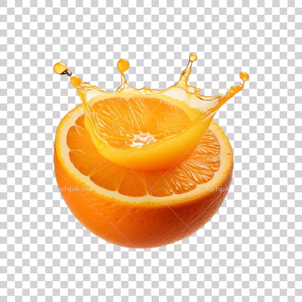 عکس دوربری ریزش آبمیوه پرتقال با برش پرتقال در پسزمینه شفاف